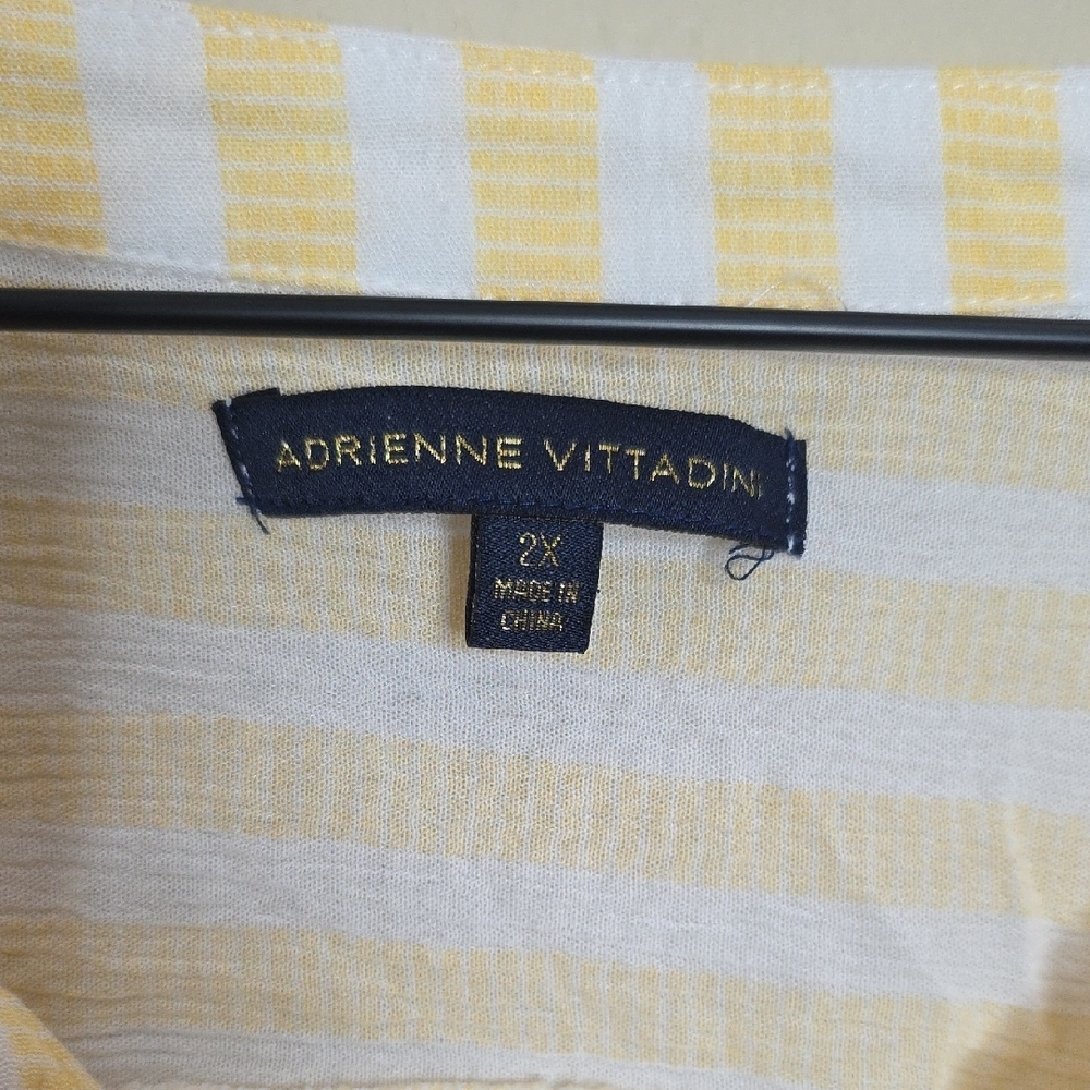 Adrienne Vittadini Blouse Yellow White Stripe Women 2X Boho Henley Peasant Lagen - Picture 4 of 7